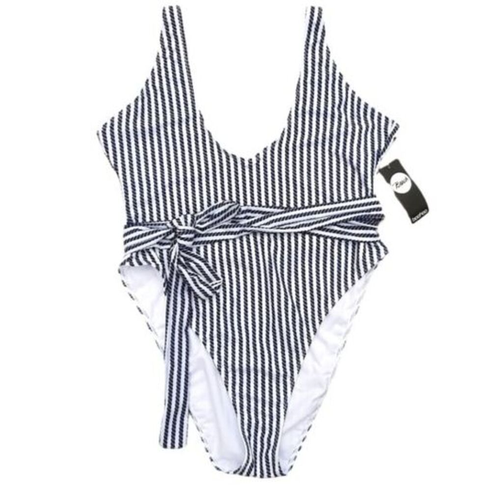 Boohoo Belted Swimsuit Navy Blue & White Nautical Rope Print Tie Waist Size 12
